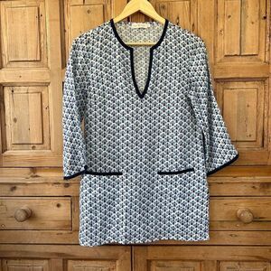 Tory Burch Womens Size XS Baja Linen Tunic Blouse V-Neck Pockets Blue White Prep